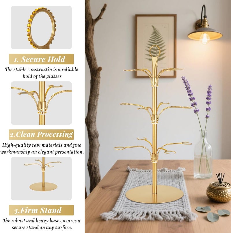 KUK Cocktail Tree Stand for Party, Metal Drink Tower with 3 Tier 12 Holders, Bar Drinks Tree Display Wine Glasses Holder Suitable for Champagne Cocktails Martini at Christmas Weddings Bridal Shower (Gold) - Image 5